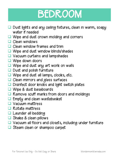 A printable list of deep cleaning tasks for a bedroom using the Home Cleaning Planner from Wondermom Shop.