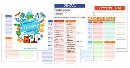 A set of printable Home Cleaning Planners for various tasks, including a cleaning schedule and deep cleaning lists from Wondermom Shop.