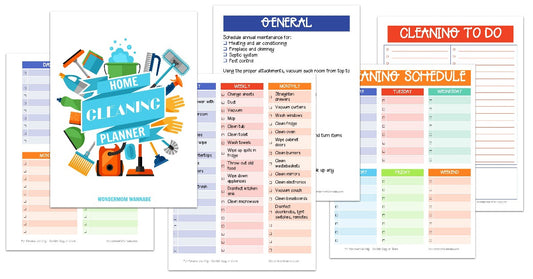 A set of printable Home Cleaning Planners for various tasks, including a cleaning schedule and deep cleaning lists from Wondermom Shop.