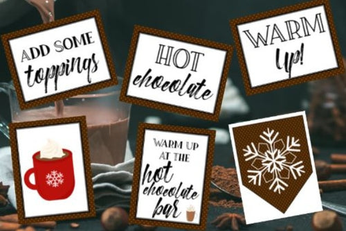 VIP Vault hot cocoa labels and printable Hot Chocolate Bar Sign for a winter party.