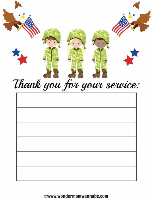 The "Thank You For Your Service Printable" by VIP Vault features three cartoon soldiers, two eagles with American flags, and stars. This digital design captures the essence of patriotism beautifully.