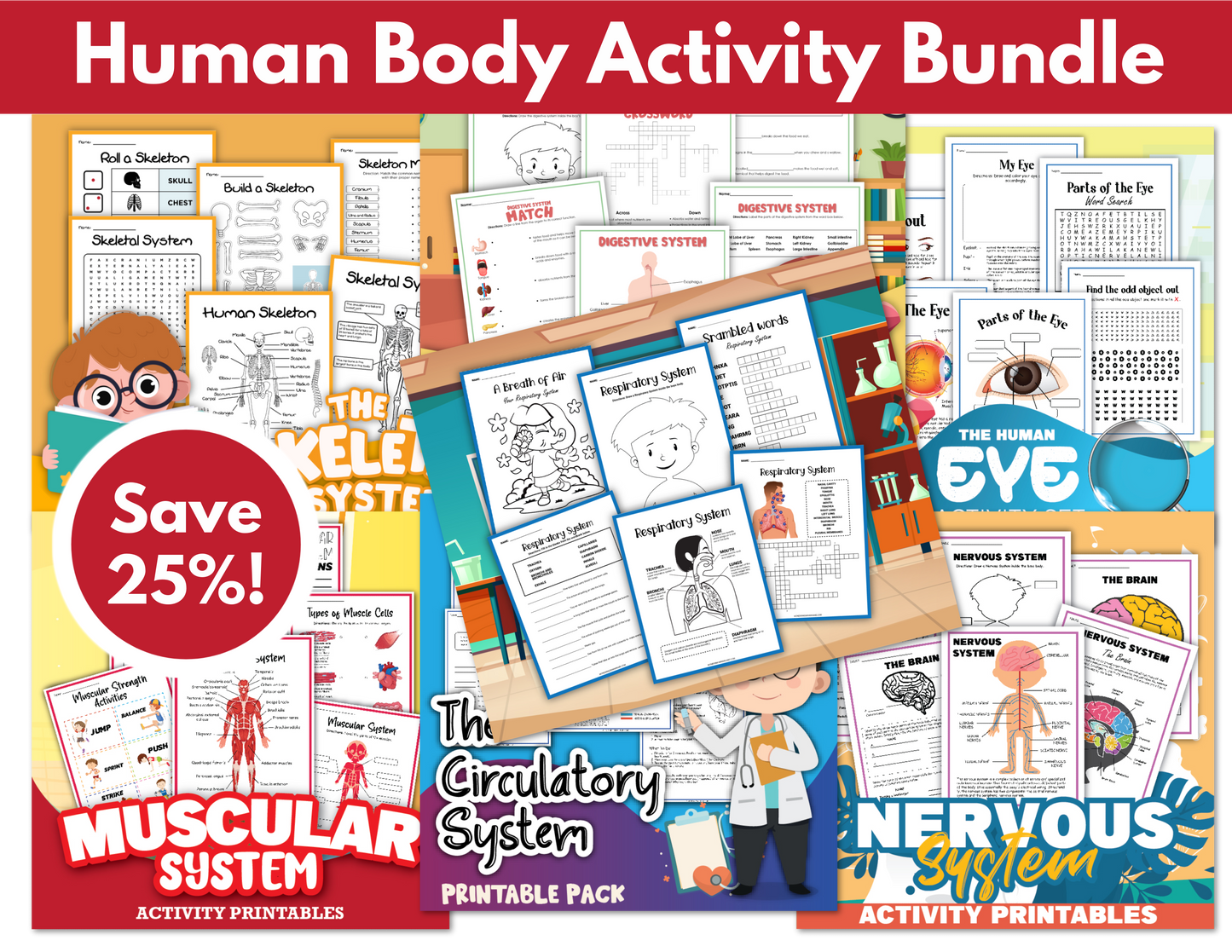 Discover the Human Body Activity Bundle by Wondermom Shop, an educational set that includes various activity sets and printables covering the skeletal, muscular, circulatory, nervous, respiratory, digestive systems, and eye anatomy.