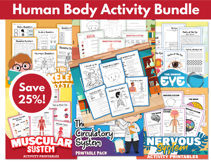 Discover the Human Body Activity Bundle by Wondermom Shop, an educational set that includes various activity sets and printables covering the skeletal, muscular, circulatory, nervous, respiratory, digestive systems, and eye anatomy.