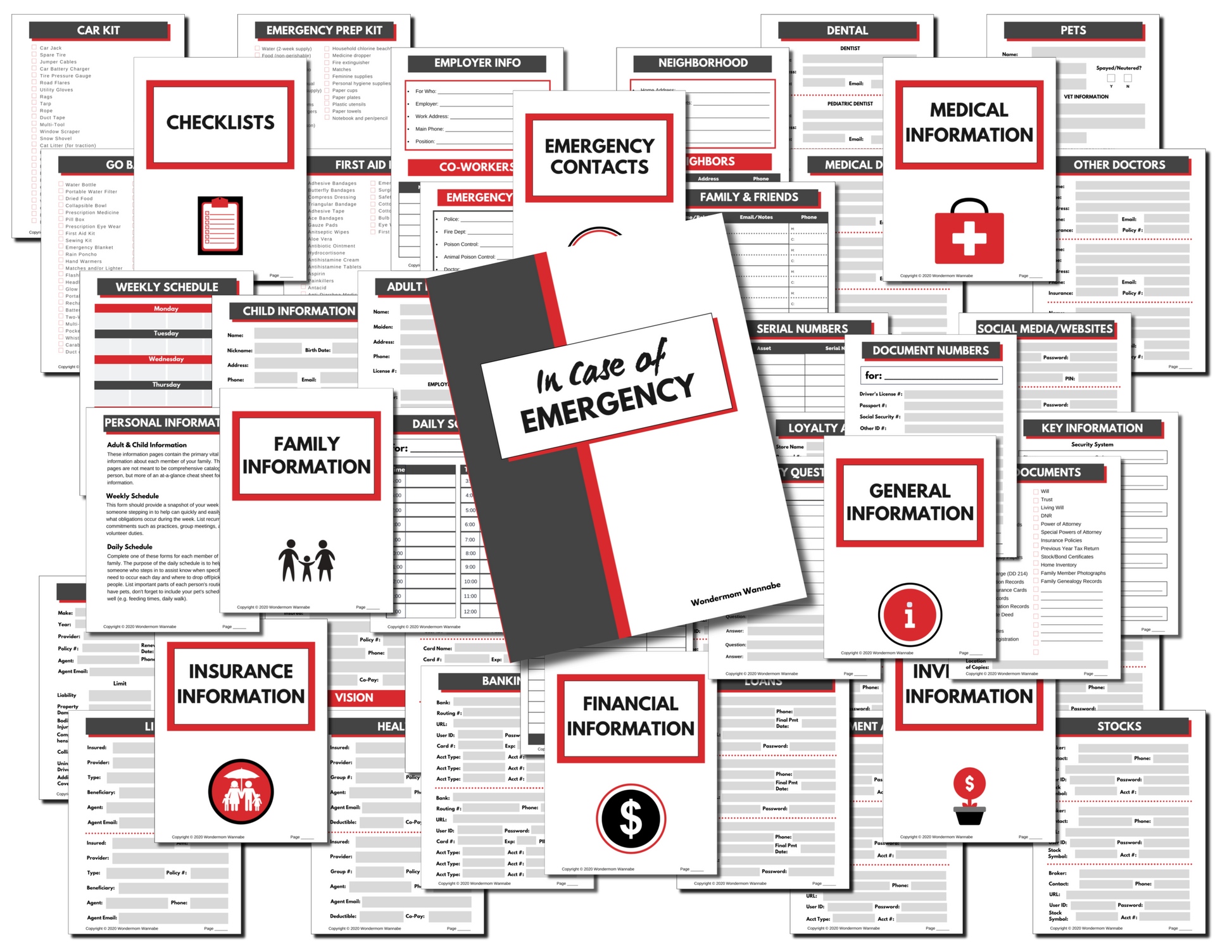 The Emergency Preparedness Bundle (Fillable PDFs) from Wondermom Shop includes a comprehensive assortment of emergency preparedness documents such as checklists, contact information, medical and financial details. This collection is organized around a central booklet titled "In Case of Emergency Binder" and also features a Household Inventory Workbook for keeping detailed records.