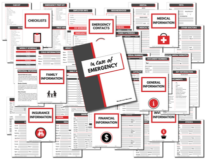 The Emergency Preparedness Bundle (Fillable PDFs) from Wondermom Shop includes a comprehensive assortment of emergency preparedness documents such as checklists, contact information, medical and financial details. This collection is organized around a central booklet titled "In Case of Emergency Binder" and also features a Household Inventory Workbook for keeping detailed records.
