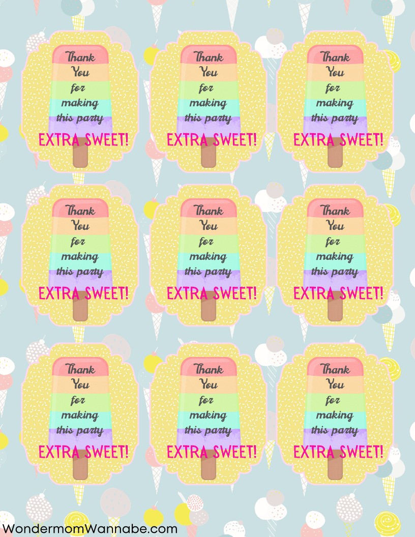 A repeating pattern of popsicle-shaped thank you cards featuring rainbow colors and the text "Thank you for making this Ice Cream Social extra sweet!" on a light blue background with pastel-colored ice creams, all part of the Ice Cream Social Party Kit by Wondermom Shop.