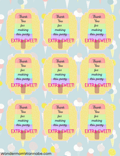 A repeating pattern of popsicle-shaped thank you cards featuring rainbow colors and the text "Thank you for making this Ice Cream Social extra sweet!" on a light blue background with pastel-colored ice creams, all part of the Ice Cream Social Party Kit by Wondermom Shop.