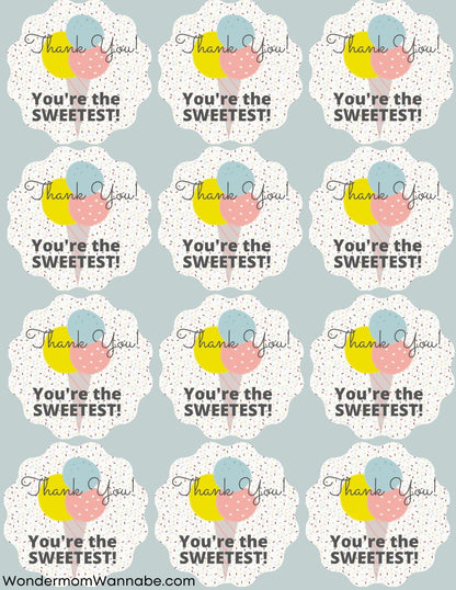A grid of twelve stickers featuring the text "Thank You! You're the SWEETEST!" with a colorful heart design above and a confetti background, perfect for adding a touch of gratitude to any Wondermom Shop's Ice Cream Social Party Kit.