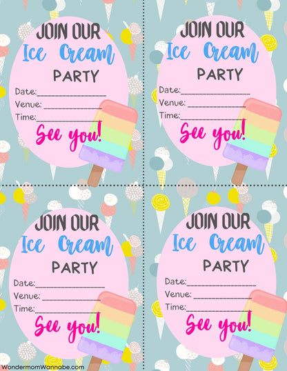 The Ice Cream Social Party Kit from Wondermom Shop includes four vibrant digital invitations, each featuring fields for the date, venue, and time. These colorful invites showcase an enticing ice cream image with the text "Join our Ice Cream Social" at the top and "See you!" at the bottom, making them perfect for your next celebration.