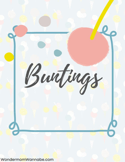 Image featuring the word "Buntings" in the center, encircled by pastel-colored circles and lines, set against a backdrop pattern of ice cream cones. The bottom text reads "WondermomWannabe.com". This digital product, the Ice Cream Social Party Kit from Wondermom Shop, is perfect for your next Ice Cream Social or party event.