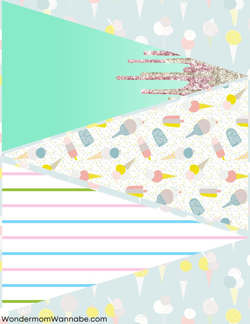 The Ice Cream Social Party Kit by Wondermom Shop features a geometric pastel abstract pattern adorned with stripes, ice cream illustrations, intersecting triangles, and glitter accents. It's perfect for your Ice Cream Social celebration or as a digital party kit.