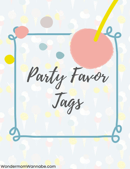 Illustrated image with the text "Ice Cream Social Party Kit" in the center, framed by a blue border with an ice cream cone background, perfect for your next Ice Cream Social. Website "WondermomWannabe.com" appears at the bottom.