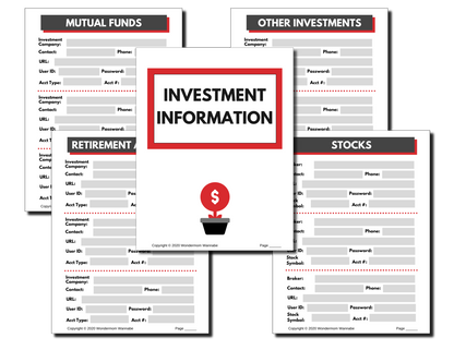A set of five financial documents arranged on a surface, labeled "Investment Information," "Mutual Funds," "Other Investments," "Retirement," and "Stocks" with spaces to fill in details, neatly organized as if they were part of the *In Case of Emergency Binder (Fillable PDF)* by Wondermom Shop.