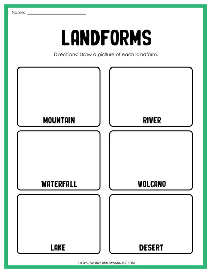 This educational activities worksheet focuses on landforms, providing an engaging and interactive digital product called the Landforms Activity Set from Wondermom Shop for learning.