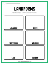 Load image into Gallery viewer, This educational activities worksheet focuses on landforms, providing an engaging and interactive digital product called the Landforms Activity Set from Wondermom Shop for learning.
