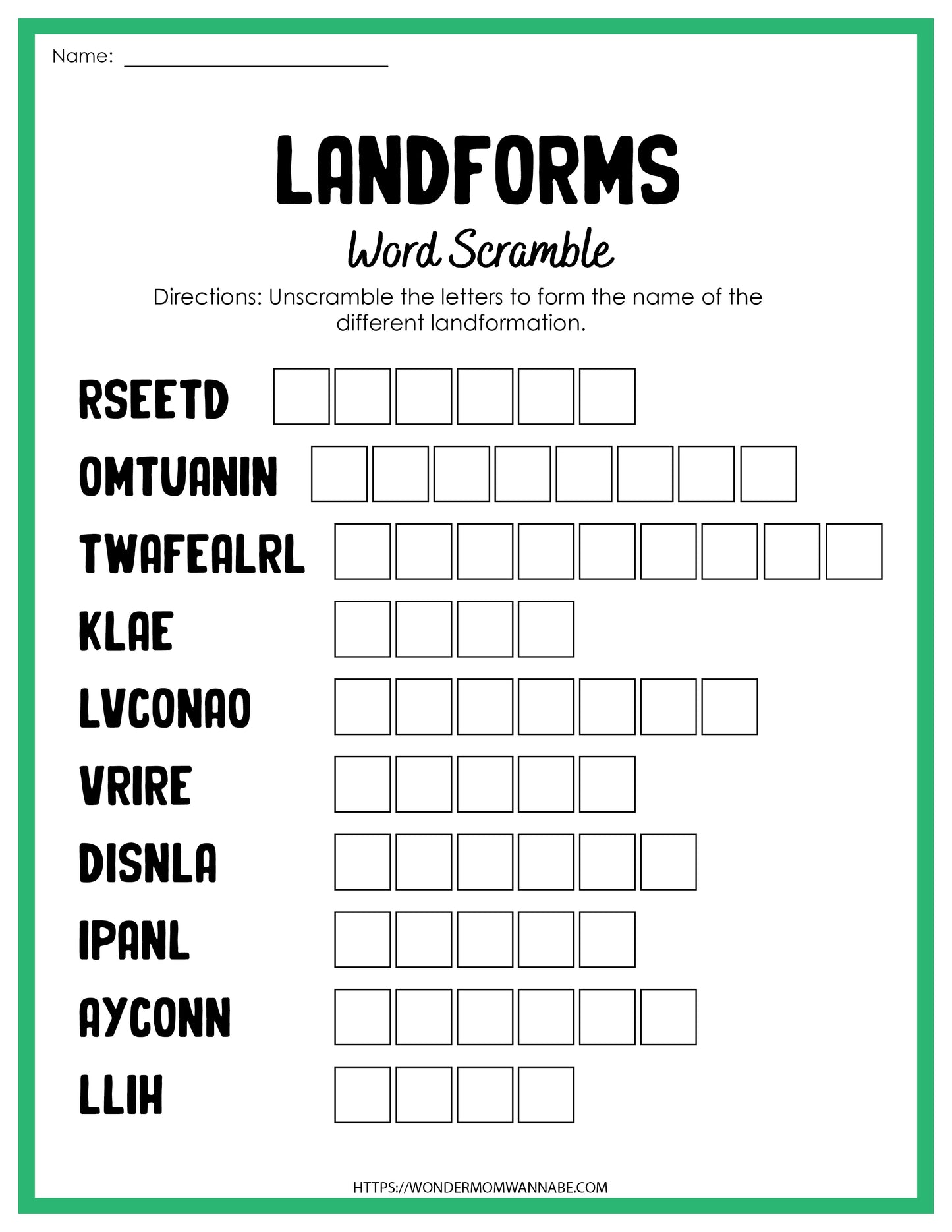 Educational activities for learning about landforms through the Wondermom Shop Landforms Activity Set word scramble worksheet.