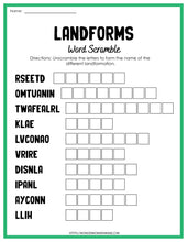 Load image into Gallery viewer, Educational activities for learning about landforms through the Wondermom Shop Landforms Activity Set word scramble worksheet.
