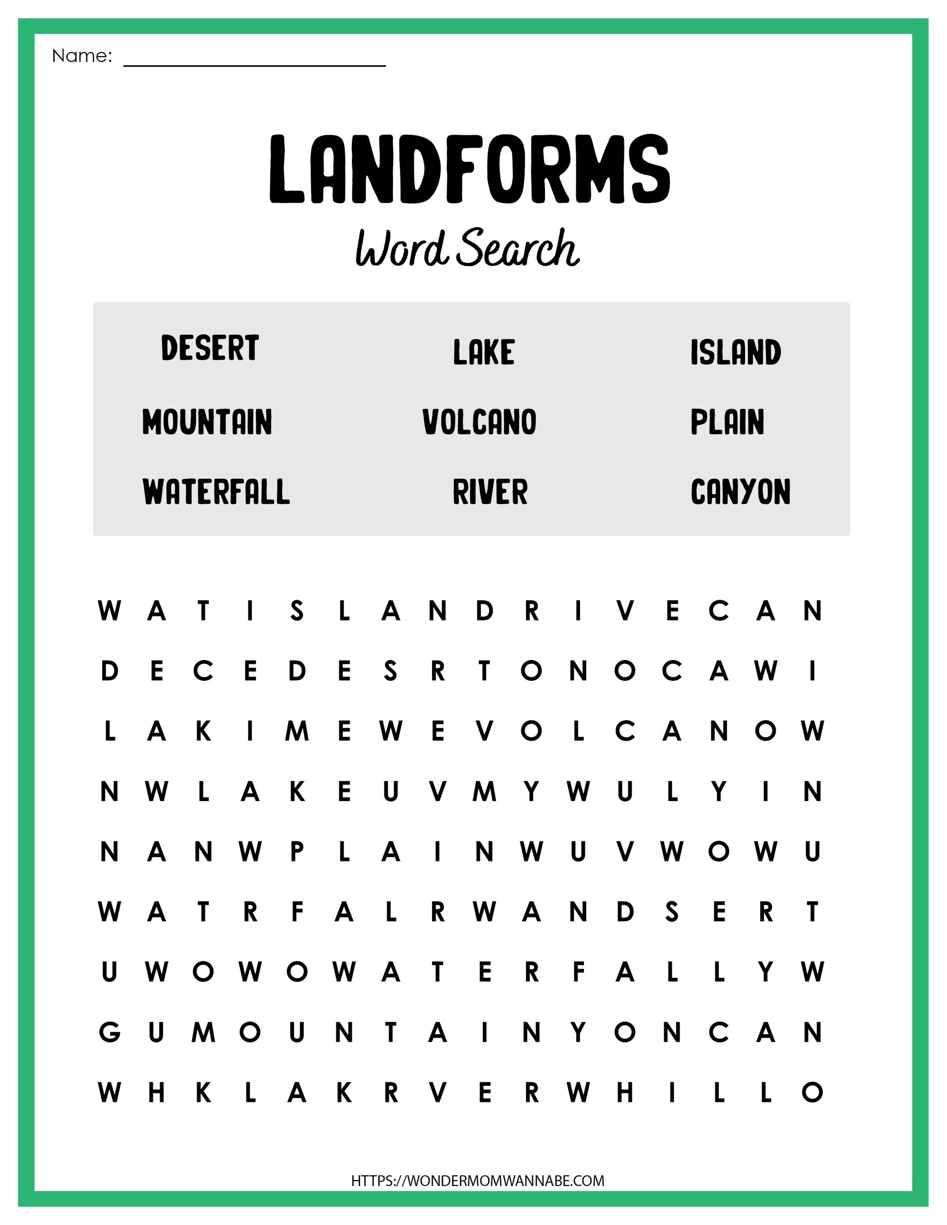 This digital Landforms Activity Set from Wondermom Shop offers an educational activity in the form of a landforms word search worksheet.