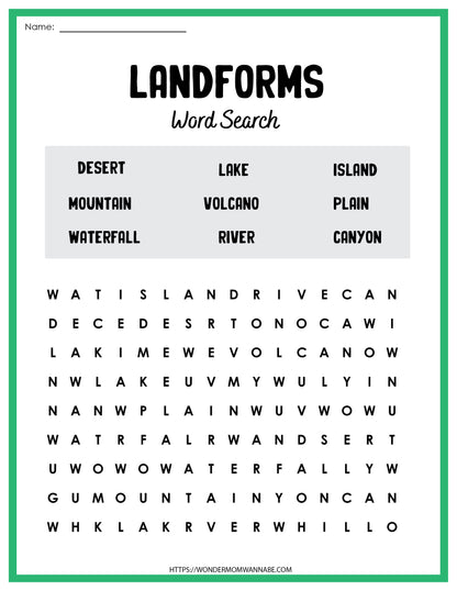 This digital Landforms Activity Set from Wondermom Shop offers an educational activity in the form of a landforms word search worksheet.