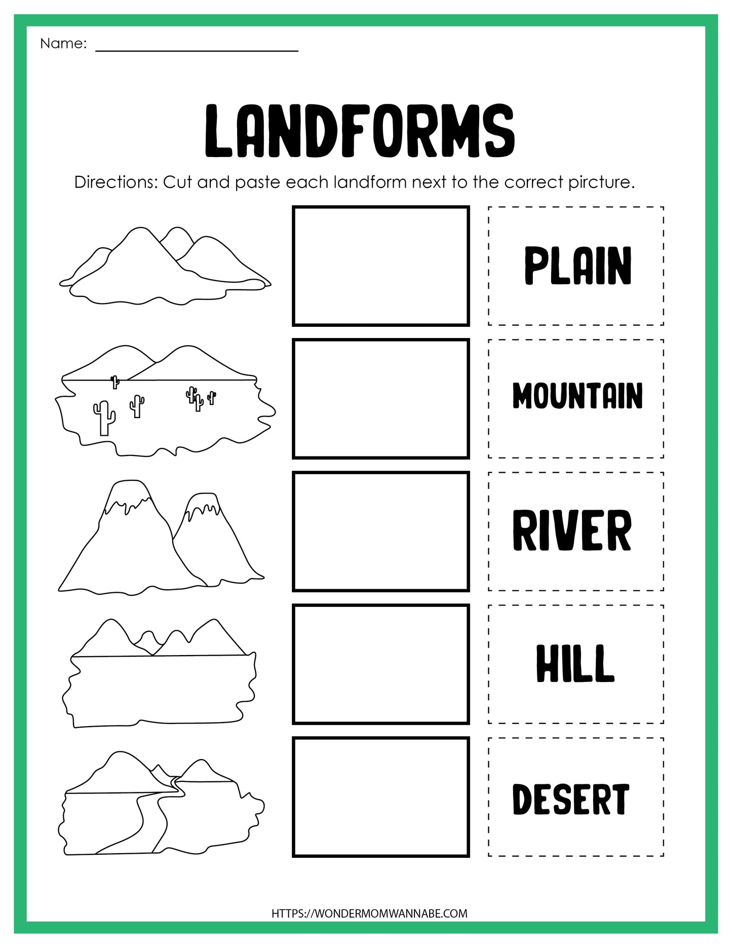 The "Landforms Activity Set" by Wondermom Shop is an educational worksheet that includes categories such as Plain, Mountain, River, Hill, and Desert. It features images meant to be matched beside corresponding boxes through a cut-and-paste activity.