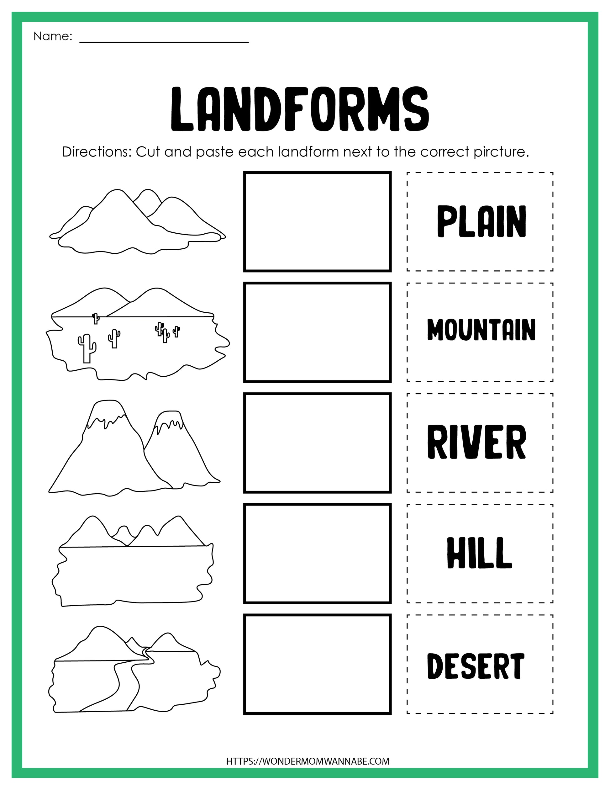 The "Landforms Activity Set" by Wondermom Shop is an educational worksheet that includes categories such as Plain, Mountain, River, Hill, and Desert. It features images meant to be matched beside corresponding boxes through a cut-and-paste activity.