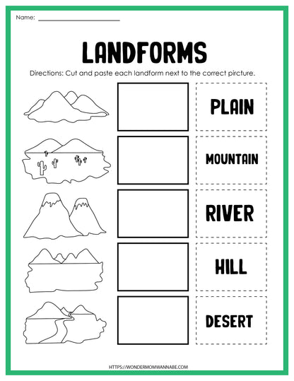 The "Landforms Activity Set" by Wondermom Shop is an educational worksheet that includes categories such as Plain, Mountain, River, Hill, and Desert. It features images meant to be matched beside corresponding boxes through a cut-and-paste activity.