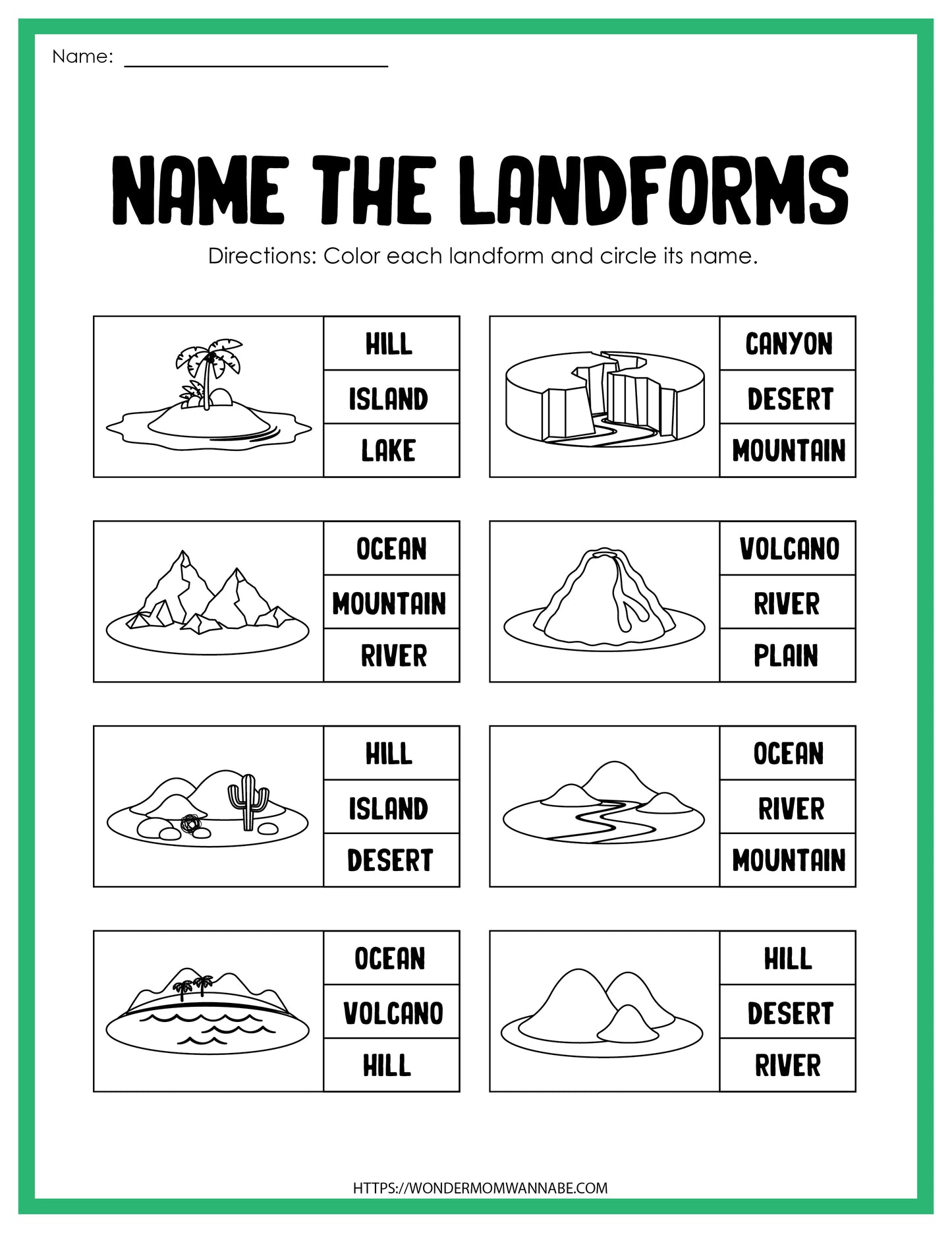 This educational worksheet, named "Landforms Activity Set", is a digital product designed to teach students about various landforms from the brand Wondermom Shop.