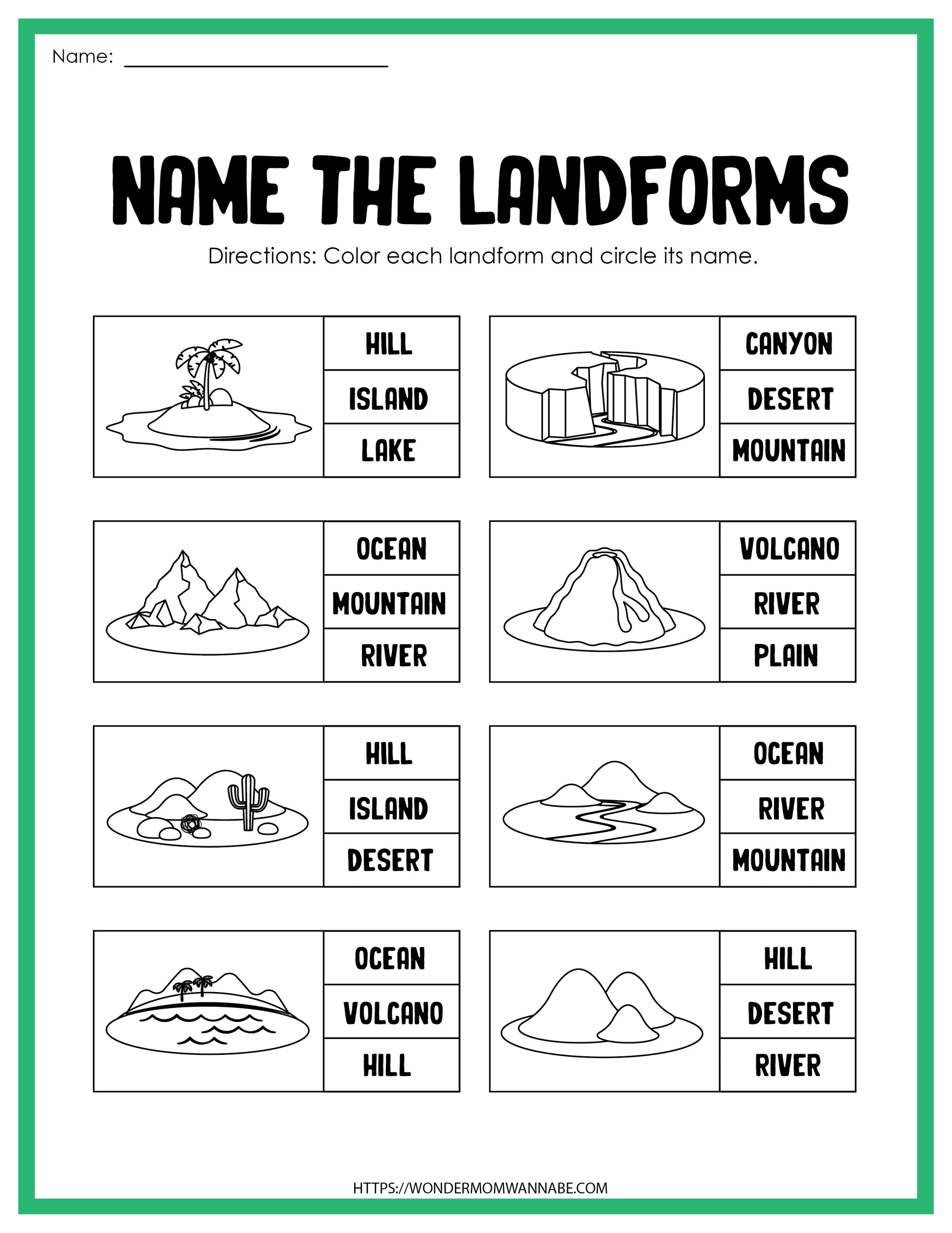 This educational worksheet, named "Landforms Activity Set", is a digital product designed to teach students about various landforms from the brand Wondermom Shop.