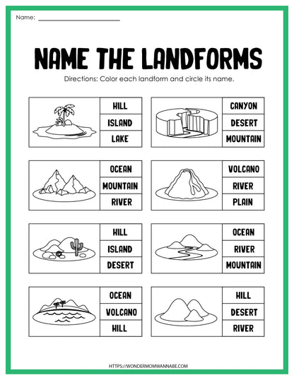 This educational worksheet, named "Landforms Activity Set", is a digital product designed to teach students about various landforms from the brand Wondermom Shop.