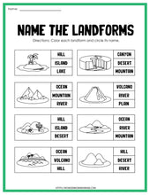 Load image into Gallery viewer, This educational worksheet, named &quot;Landforms Activity Set&quot;, is a digital product designed to teach students about various landforms from the brand Wondermom Shop.
