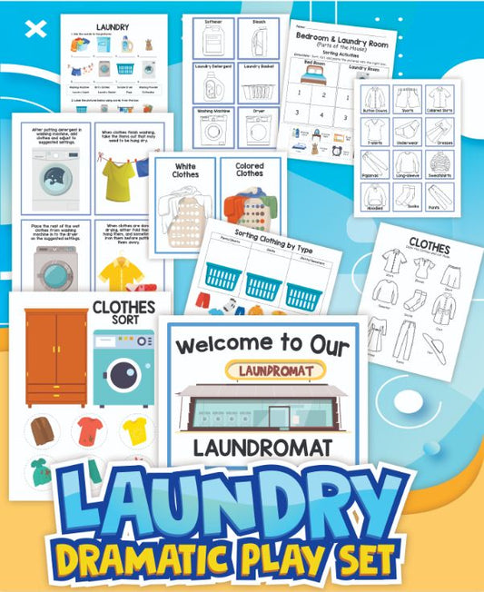 Image of a "Laundromat Pretend Play Kit" by Wondermom Shop, a digital product featuring various laundry-themed activity sheets, including sorting clothes by color and type, and a welcome sign for Laundromat Pretend Play.
