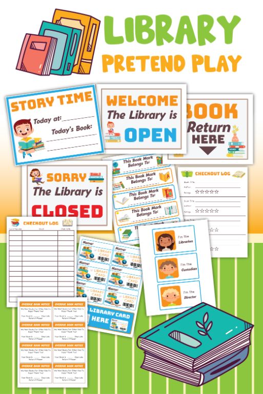 Discover the Library Pretend Play Kit by Wondermom Shop: a lively digital collection packed with vibrant printables for an imaginative library setup, including open/closed signs, story time schedules, bookmark templates, checkout logs, and library cards. Spark creativity in children with an illustrated book that completes this wonderful set.