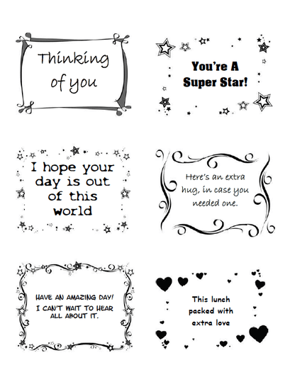 A set of black and white Lunch Notes For Kids with the words thinking you're a super star by VIP Vault.