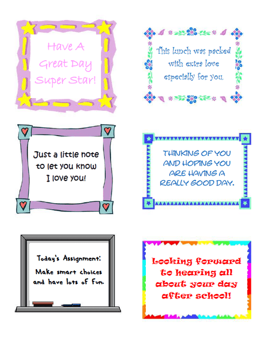 A set of VIP Vault Lunch Notes For Kids with different words on them.