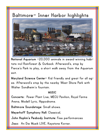 Flyer showcasing attractions of Baltimore Inner Harbor such as the National Aquarium, Maryland Science Center, an observation tower, and music venues. The background features a photo of the harbor and it includes the "Maryland Travel Guide and Activity Kit for Kids" by Wondermom Shop to enrich your visit with printable activities featuring Maryland state information.