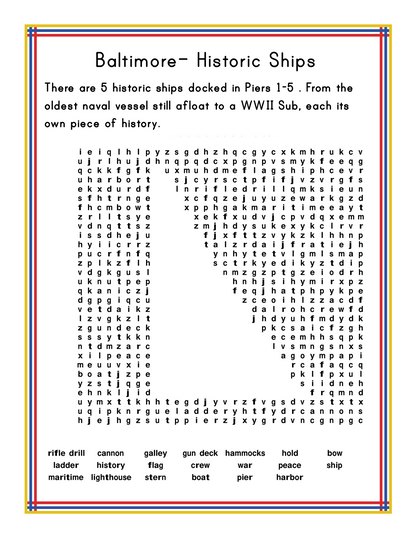 Introducing the "Maryland Travel Guide and Activity Kit for Kids" by Wondermom Shop: This engaging printable activity kit features a word search puzzle titled "Baltimore - Historic Ships," which includes descriptions of five significant historic ships and their historical importance. Perfect for young history enthusiasts, the kit also provides rich information about the state of Maryland and comes with a convenient Maryland travel guide.