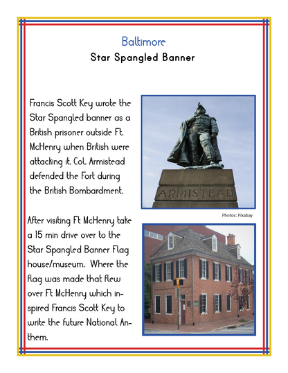 Baltimore Star Spangled Banner historical marker with text about Francis Scott Key writing the anthem during the British attack on Ft. McHenry, a statue of Col. Armistead, and the Star Spangled Banner Flag House. For visitors, the Wondermom Shop's Maryland Travel Guide and Activity Kit for Kids offers insights and highlights other historical sites nearby.