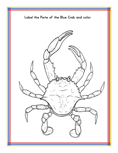 A black and white illustration of a blue crab with a prompt to label and color its parts. The Maryland Travel Guide and Activity Kit for Kids by Wondermom Shop features the crab’s detailed legs, claws, and body, perfect for those interested in Maryland state information or exploring the Maryland travel guide.