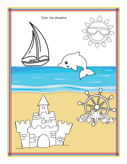 A coloring page in the Maryland Travel Guide and Activity Kit for Kids by Wondermom Shop showcases a delightful scene with a sailboat, dolphin, and sun in the ocean, accompanied by a sandcastle and ship wheel on the beach. The text reads "Color the shoreline." It's an ideal addition to any Maryland travel guide or printable activity kit.