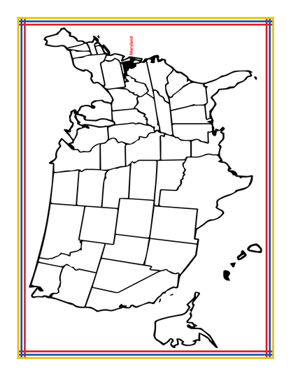 The Maryland Travel Guide and Activity Kit for Kids by Wondermom Shop features an outline map of the United States and southern Canada, set within a decorative border showcasing vibrant red, yellow, and blue stripes. The states and provinces are outlined but not labeled, making it an ideal addition to any travel guide for your young adventurers.