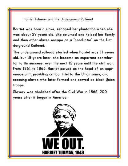 Discover Harriet Tubman's incredible journey with our detailed informational poster on her escape from slavery and vital contributions to the Civil War. Featuring the powerful quote "We Out. Harriet Tubman, 1849," this poster offers a profound glimpse into her life and legacy. For additional insights and fun facts about this Maryland hero, download the Maryland Travel Guide and Activity Kit for Kids from Wondermom Shop today!