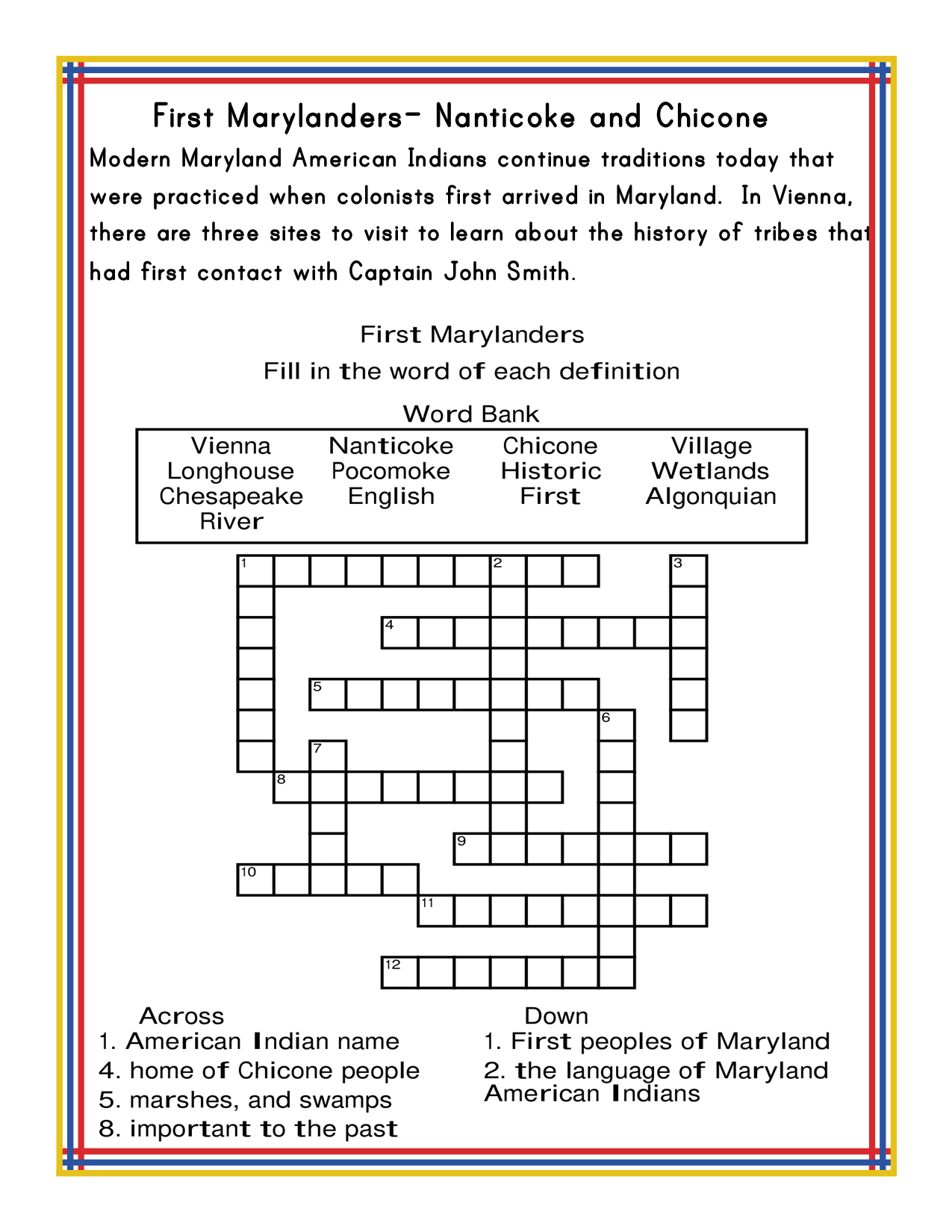 The "Maryland Travel Guide and Activity Kit for Kids" by Wondermom Shop offers a fascinating printable activity kit featuring a crossword puzzle called "First Marylanders - Nanticoke and Chicone." This engaging puzzle, focused on American Indian history, includes a word bank, clues for across and down, and valuable historical context—ideal for enhancing your Maryland travel guide or educational resources.