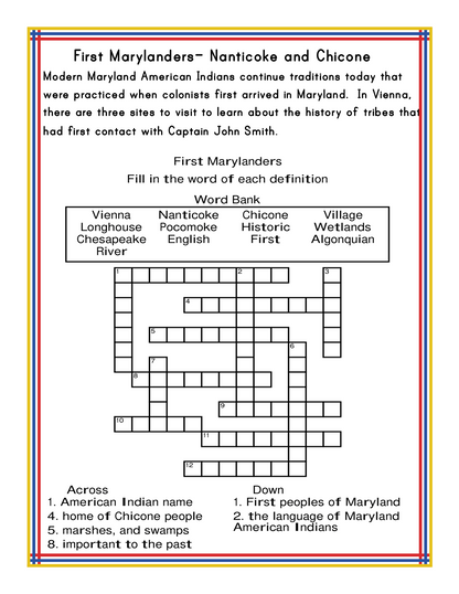 The "Maryland Travel Guide and Activity Kit for Kids" by Wondermom Shop offers a fascinating printable activity kit featuring a crossword puzzle called "First Marylanders - Nanticoke and Chicone." This engaging puzzle, focused on American Indian history, includes a word bank, clues for across and down, and valuable historical context—ideal for enhancing your Maryland travel guide or educational resources.