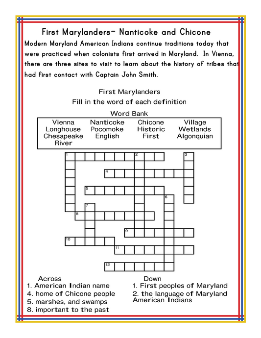 The "Maryland Travel Guide and Activity Kit for Kids" by Wondermom Shop offers a fascinating printable activity kit featuring a crossword puzzle called "First Marylanders - Nanticoke and Chicone." This engaging puzzle, focused on American Indian history, includes a word bank, clues for across and down, and valuable historical context—ideal for enhancing your Maryland travel guide or educational resources.