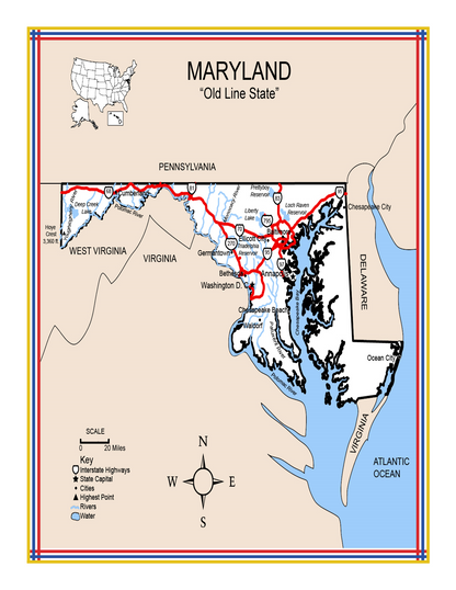 The Maryland Travel Guide and Activity Kit for Kids by Wondermom Shop features a detailed map of Maryland highlighting its cities, highways, and neighboring states. The map includes useful elements such as a compass, a scale of miles, and indications of water bodies and state boundaries. An inset provides an overview of Maryland's location within the U.S., making it an excellent addition to any travel guide or printable activity kit for children.