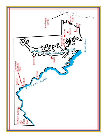 The Maryland Travel Guide and Activity Kit for Kids by Wondermom Shop features a hand-drawn map of Maryland, detailing major attractions such as the Atlantic Ocean, Potomac River, and various cities, with labels in red and blue text. This engaging printable activity kit also serves as an informative state guide.