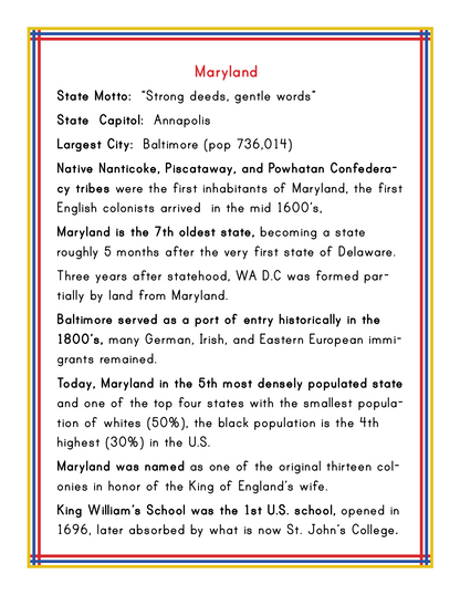 The "Maryland Travel Guide and Activity Kit for Kids" by Wondermom Shop features a white page titled "Maryland” that includes essential state information such as Maryland’s motto, capital, largest city, and historical details. The text is elegantly framed by a colorful border with a local pattern, making it an ideal addition to any printable activity kit or Maryland travel guide.
