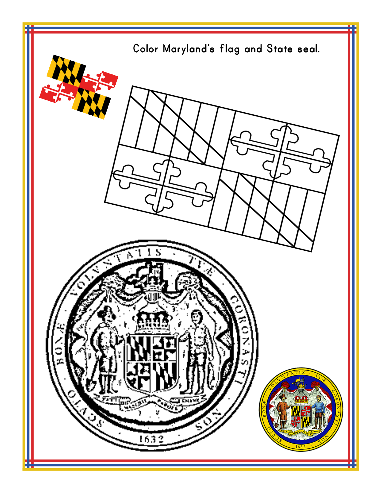 The Maryland Travel Guide and Activity Kit for Kids by Wondermom Shop features a printable activity kit with outlined Maryland state flag and state seal, designed for coloring. Small colored references are included to ensure accuracy. This fun activity is perfect for anyone using the travel guide or interested in Maryland state information.