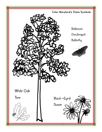 The Maryland Travel Guide and Activity Kit for Kids from Wondermom Shop features a black and white coloring page highlighting Maryland state symbols, such as the White Oak tree, Black-Eyed Susan flower, and Baltimore Checkerspot Butterfly. It's perfect for inclusion in your next Maryland travel guide or as a printable activity resource to enhance knowledge about the state.