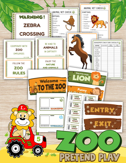The Zoo Pretend Play Kit by Wondermom Shop includes an array of props and signs such as a "Zebra Crossing" warning sign, animal vet check forms, zoo tickets, and a "Welcome to the Zoo" banner. Featuring cartoon animals and a zookeeper, this digital product provides endless fun for imaginative play.